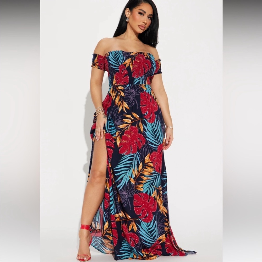 Fashion Nova Maria Off-Shoulder Tropical Print Maxi Dress